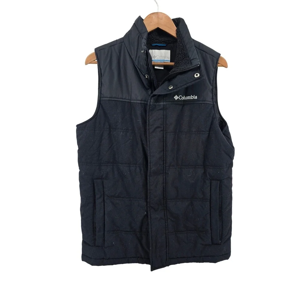 Columbia Puffer Vest Mens Small Black XM1384 Sherpa Lined Mock Neck Quilted